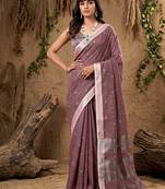 Purple linen cotton zari work saree with blouse