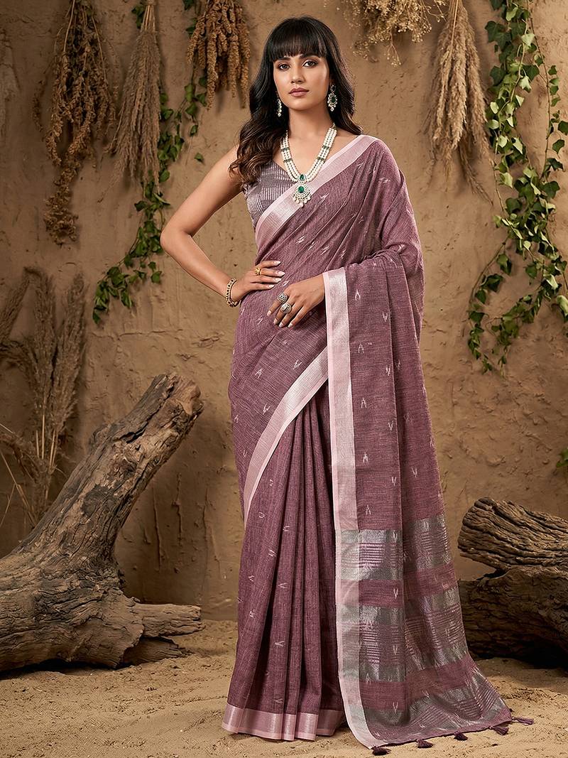 Purple linen cotton zari work saree with blouse
