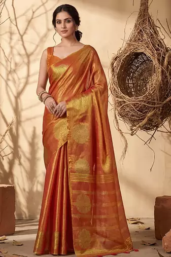 Orange tissue silk woven saree with blouse