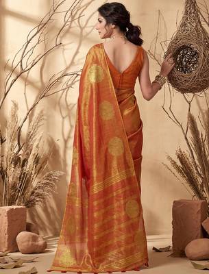 Orange tissue silk woven saree with blouse 3