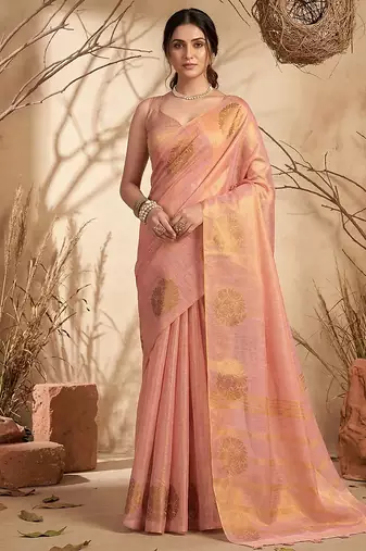 Pink tissue silk woven saree with blouse