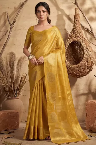 Yellow tissue silk woven saree with blouse