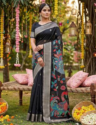 Black linen cotton woven saree with blouse 1