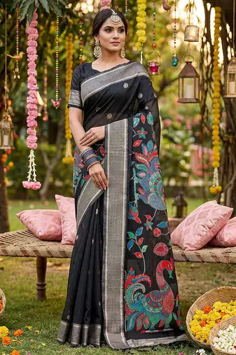 Black linen cotton woven saree with blouse