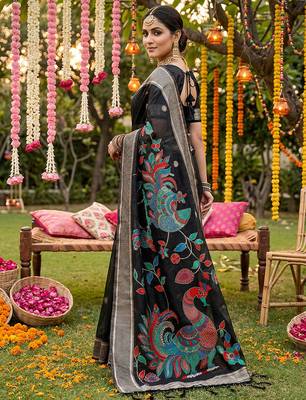 Black linen cotton woven saree with blouse 3