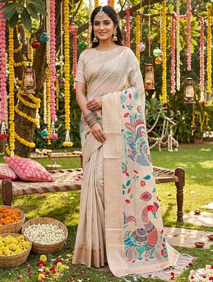 Cream linen cotton woven saree with blouse 1