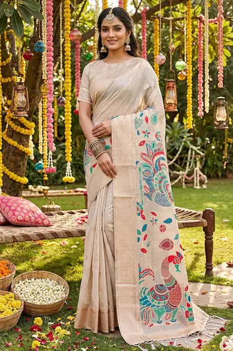 Cream linen cotton woven saree with blouse