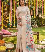 Cream linen cotton woven saree with blouse
