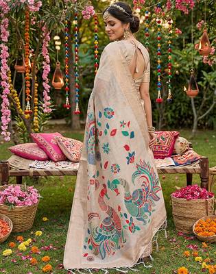 Cream linen cotton woven saree with blouse 2
