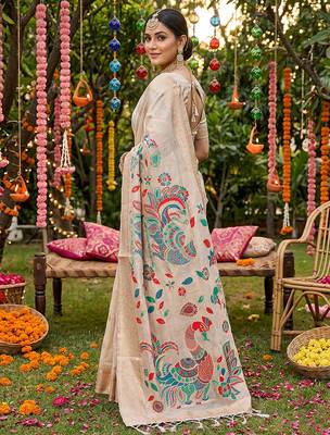 Cream linen cotton woven saree with blouse 3