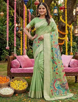 Green linen cotton woven saree with blouse 1