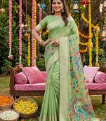 Green linen cotton woven saree with blouse