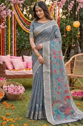 Grey linen cotton woven saree with blouse