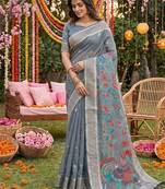 Grey linen cotton woven saree with blouse