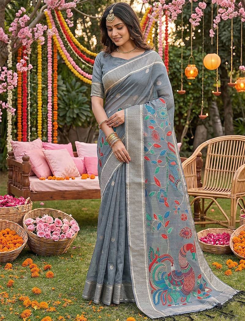Grey linen cotton woven saree with blouse