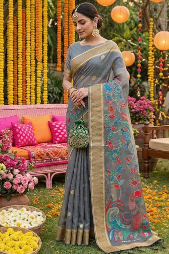Grey linen cotton woven saree with blouse