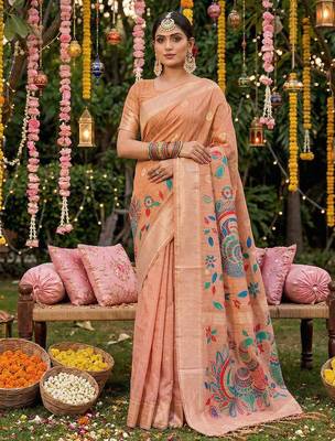 Pink linen cotton woven saree with blouse 2