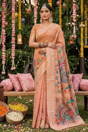 Pink linen cotton woven saree with blouse