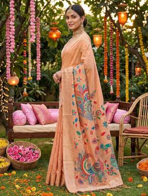 Pink linen cotton woven saree with blouse 3