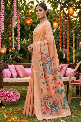 Pink linen cotton woven saree with blouse
