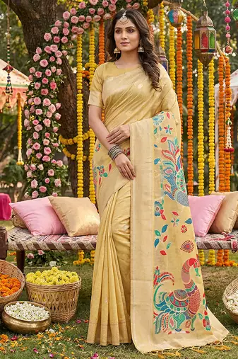 Yellow linen cotton woven saree with blouse