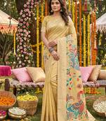 Yellow linen cotton woven saree with blouse