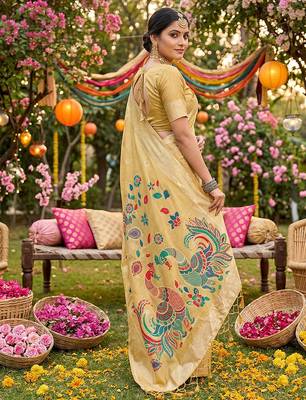 Yellow linen cotton woven saree with blouse 3