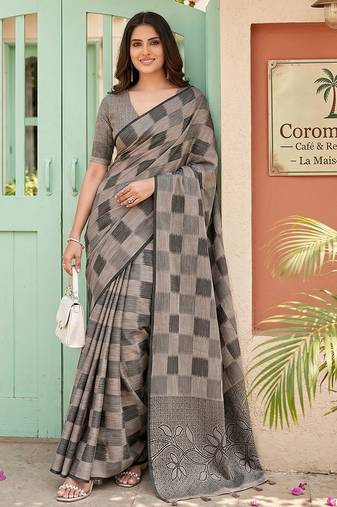 Black linen cotton woven saree with blouse