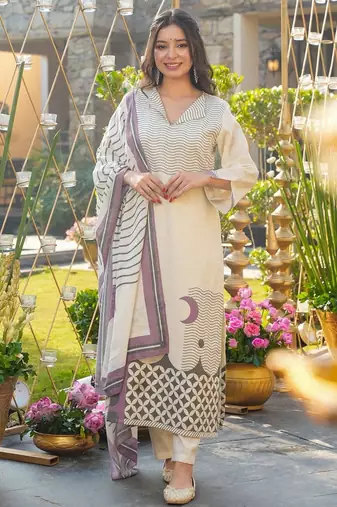 Women's Gorgeous Printed Work Muslin Fabric Straight Kurta Pant and Dupatta Set