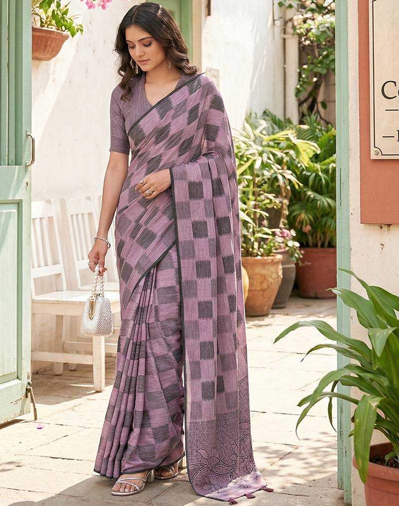 Lavender linen cotton woven saree with blouse