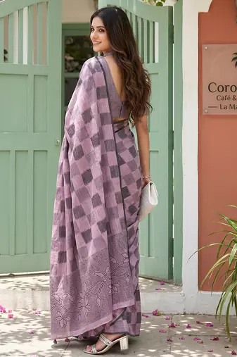 Lavender linen cotton woven saree with blouse