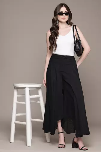 Black cotton viscose flared palazzo