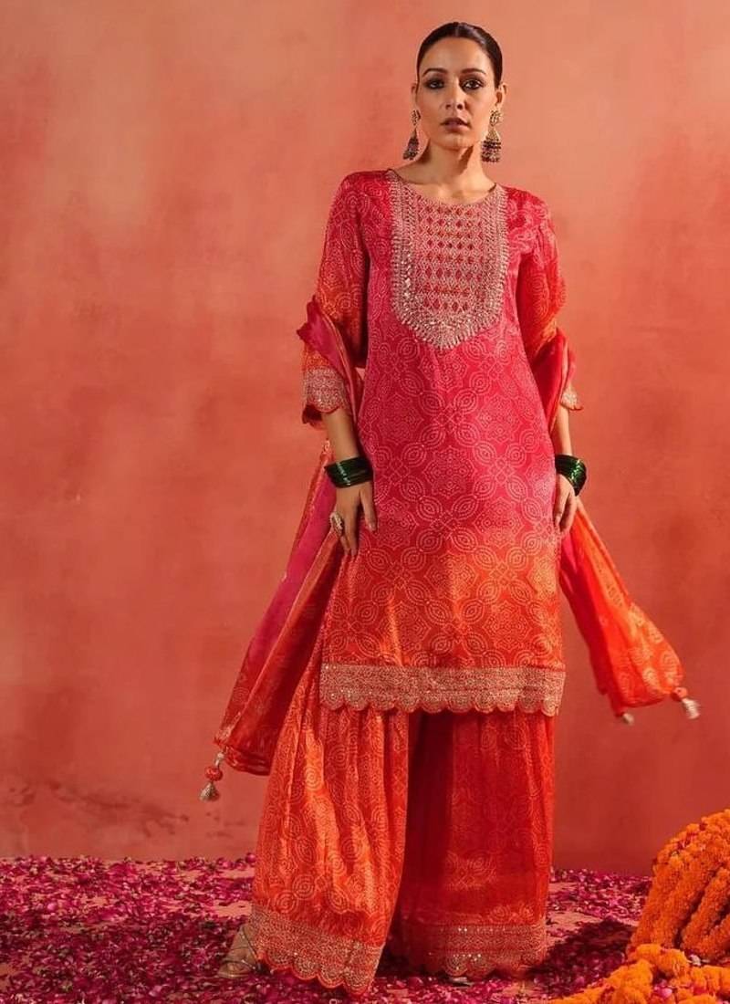 Designer pink ethnic kurta sharara set with heavy embroidery & dupatta