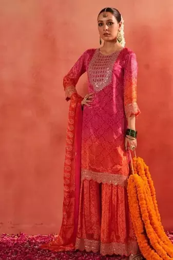 Designer pink ethnic kurta sharara set with heavy embroidery & dupatta