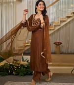 Women's Gorgeous Embroidery Work Vichitra Silk Fabric Straight Kurta Pant and Dupatta Set