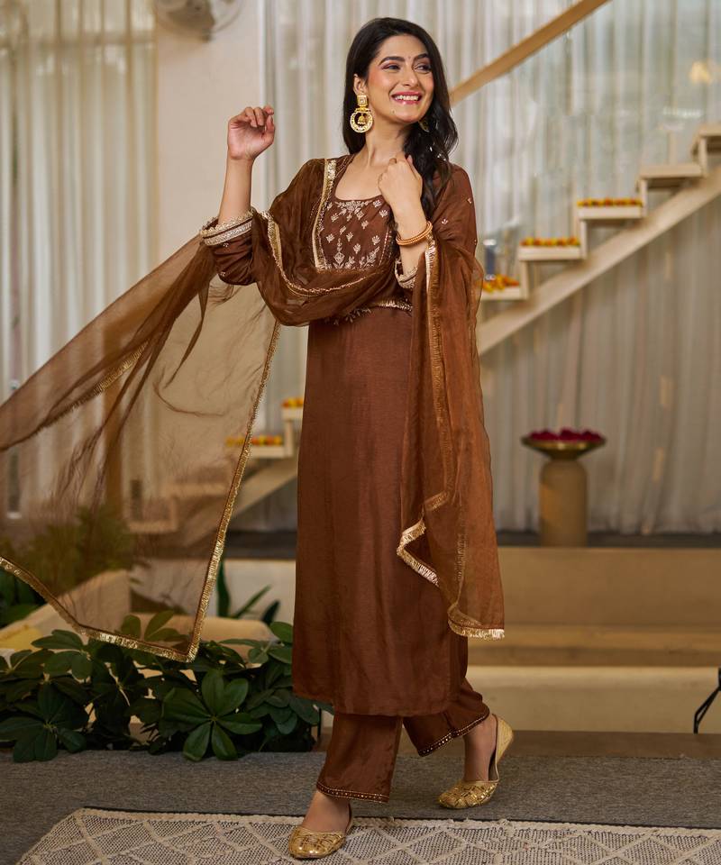 Women's Gorgeous Embroidery Work Vichitra Silk Fabric Straight Kurta Pant and Dupatta Set