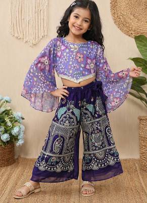 Lavender chinon with position print and embroidered work plazzo set 1