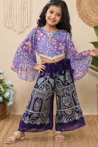 Lavender chinon with position print and embroidered work plazzo set