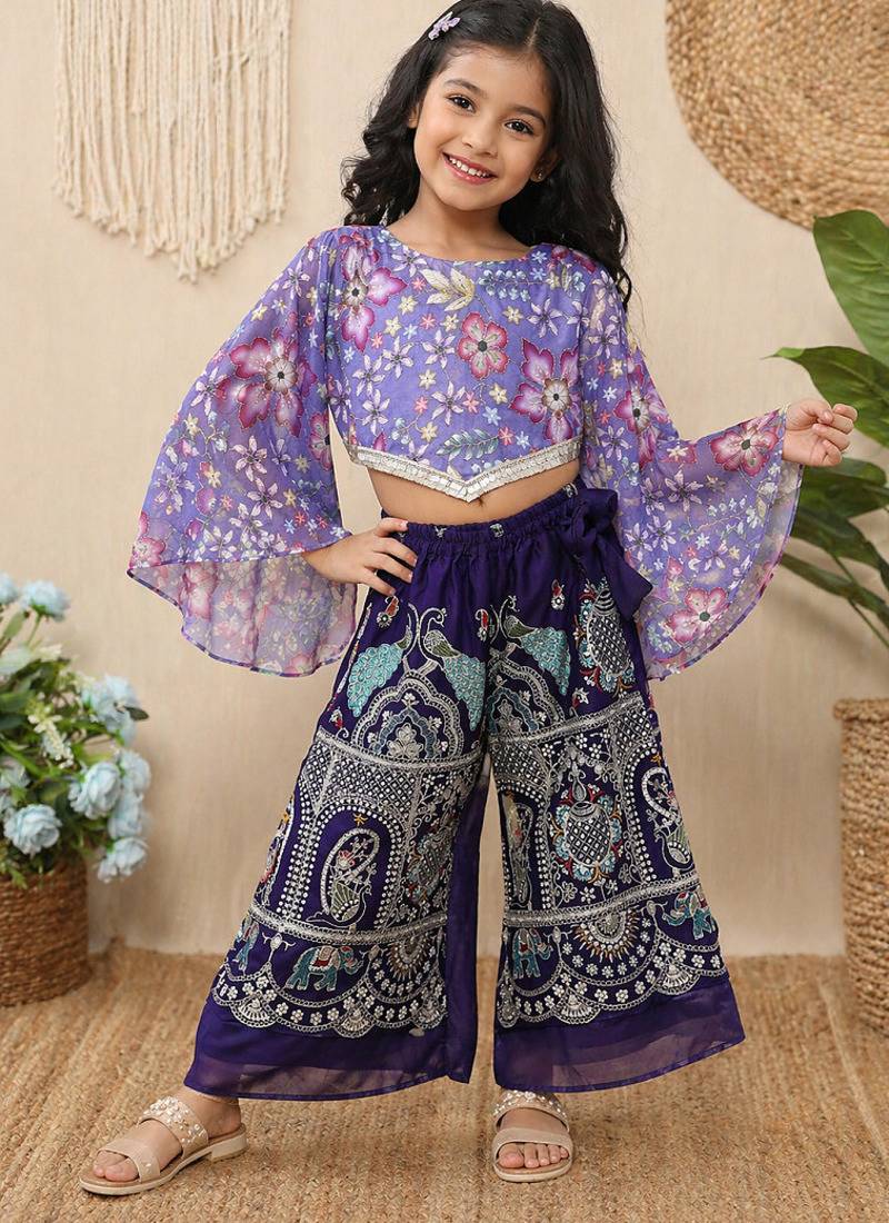 Lavender chinon with position print and embroidered work plazzo set