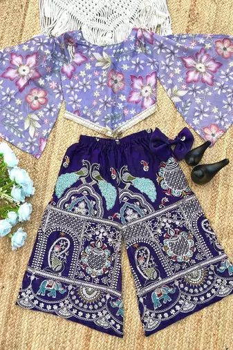 Lavender chinon with position print and embroidered work plazzo set