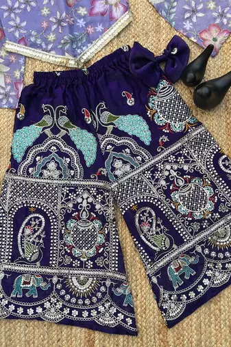 Lavender chinon with position print and embroidered work plazzo set