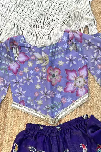 Lavender chinon with position print and embroidered work plazzo set
