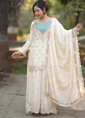 White georgette   party wear embroidery salwar  suit set 1