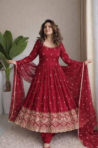 Red chinon silk  party wear embroidery salwar  suit set