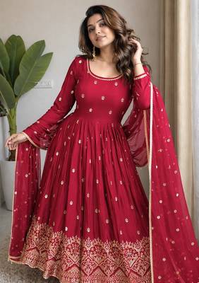 Red chinon silk  party wear embroidery salwar  suit set 2