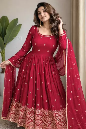 Red chinon silk  party wear embroidery salwar  suit set