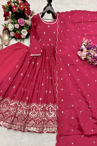 Red chinon silk  party wear embroidery salwar  suit set