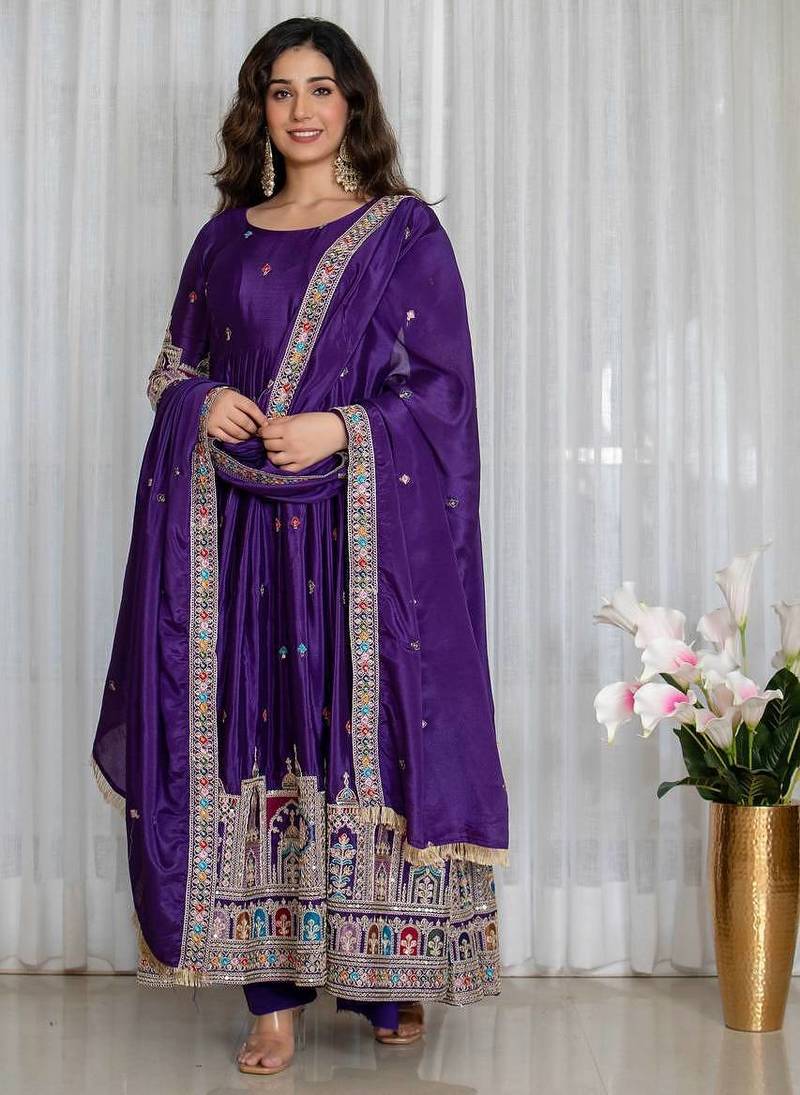 pruple  chinon silk  party wear embroidery salwar  suit set