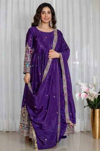 pruple  chinon silk  party wear embroidery salwar  suit set