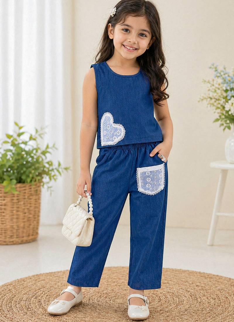 Kids denim summer co-ord set with lace heart & pocket